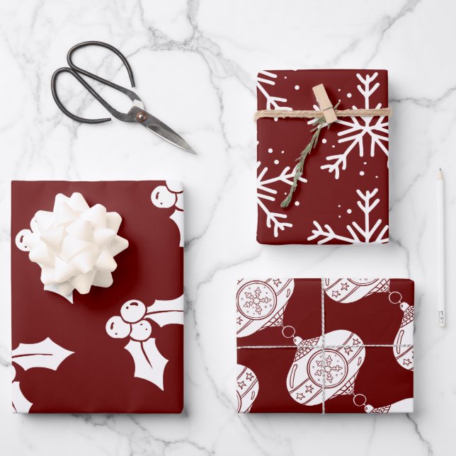 Christmas Elements on Burgundy Wrapping Paper (Front)