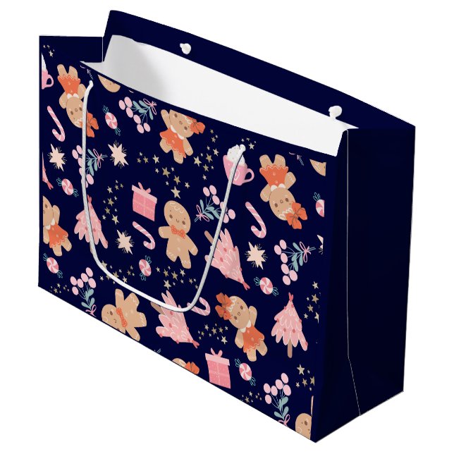 Christmas Elements on Navy Blue Large Gift Bag (Front Angled)