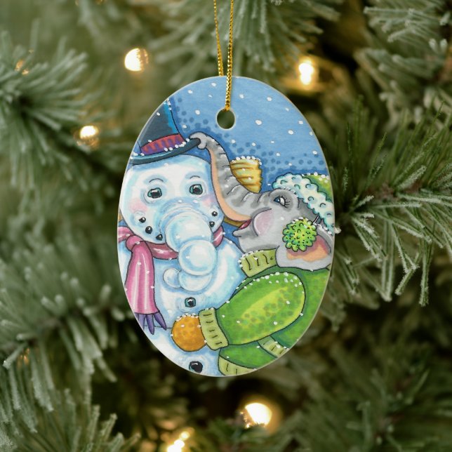 CHRISTMAS ELEPHANT BUILDING CUTE PACHYDERM SNOWMAN CERAMIC ORNAMENT (Tree)