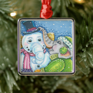 CHRISTMAS ELEPHANT BUILDING CUTE PACHYDERM SNOWMAN METAL ORNAMENT