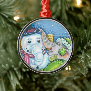 CHRISTMAS ELEPHANT BUILDING CUTE PACHYDERM SNOWMAN METAL ORNAMENT