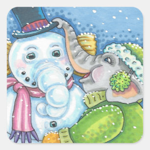 CHRISTMAS ELEPHANT BUILDING CUTE PACHYDERM SNOWMAN SQUARE STICKER