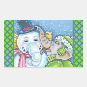 CHRISTMAS ELEPHANT BUILDING CUTE PACHYDERM SNOWMAN STICKER