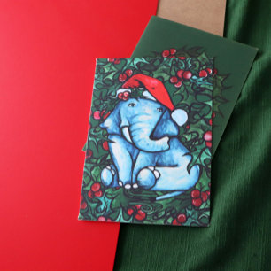 Christmas Elephant Holly  Holiday Card