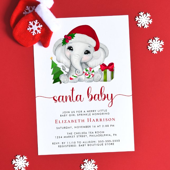 Christmas Elephant Santa Baby Girl Sprinkle Invitation (Creator Uploaded)