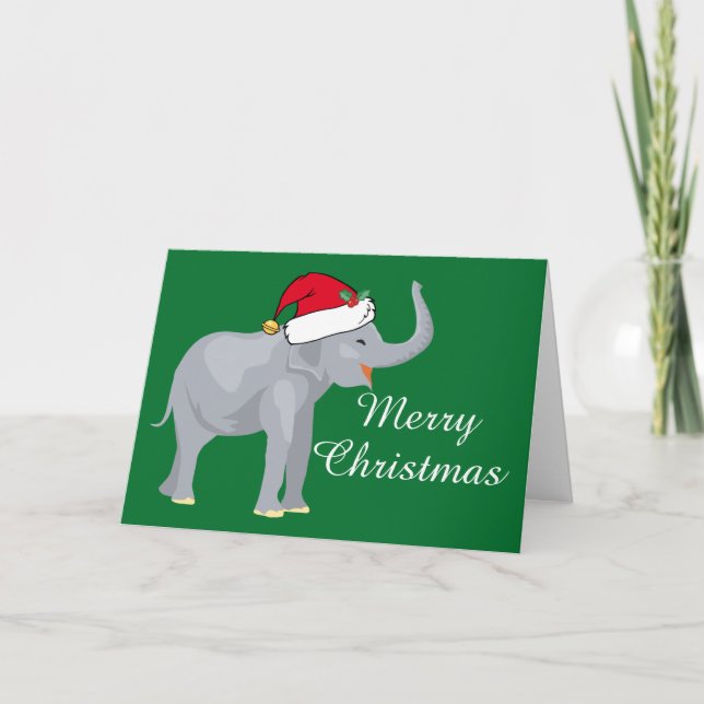 Christmas Elephant Santa Hat Green Holiday Card (Front)