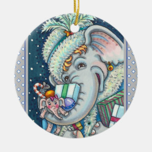 CHRISTMAS ELEPHANT, TRUNKFUL OF GIFTS & GOOD CHEER CERAMIC ORNAMENT