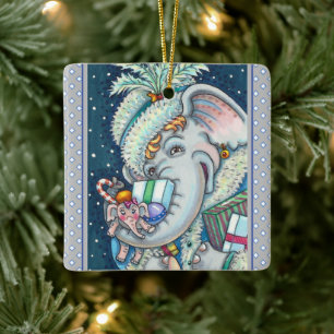 CHRISTMAS ELEPHANT, TRUNKFUL OF GIFTS & GOOD CHEER CERAMIC ORNAMENT