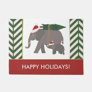 Christmas Elephants with Hats, Tree, and Chevron Doormat