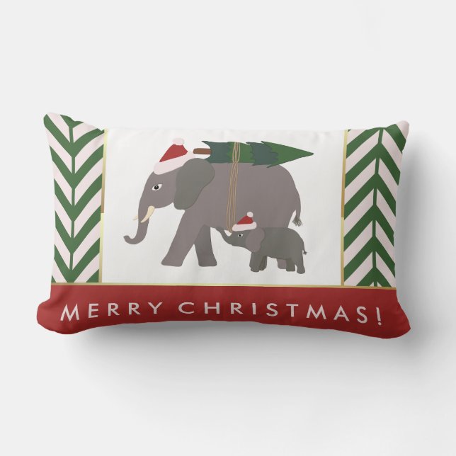 Christmas Elephants with Hats, Tree, and Chevron Lumbar Pillow (Front)