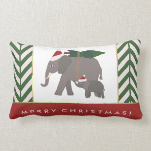 Christmas Elephants with Hats, Tree, and Chevron Lumbar Pillow
