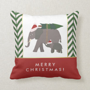 Christmas Elephants with Hats, Tree, and Chevron Throw Pillow