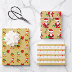 Christmas Elf and Bells on Golden White Stripes Wrapping Paper Sheet