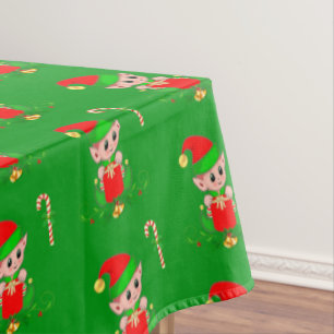 Christmas Elf and Candy Cane on Green Tablecloth