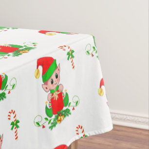 Christmas Elf and Candy Cane on White Tablecloth
