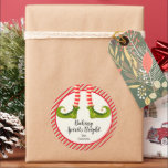 Christmas Elf Baking Spirits Bright Classic Round Sticker<br><div class="desc">Create stickers to label your Christmas holiday homemade goods,  cookies,  candy,  treats,  party favours and more featuring fun elf legs with green boots,  striped tights and jingle bells with your message in chic lettering. MATCHING items in our store.</div>