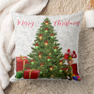 Christmas Elf by Tree with Gifts Throw Pillow