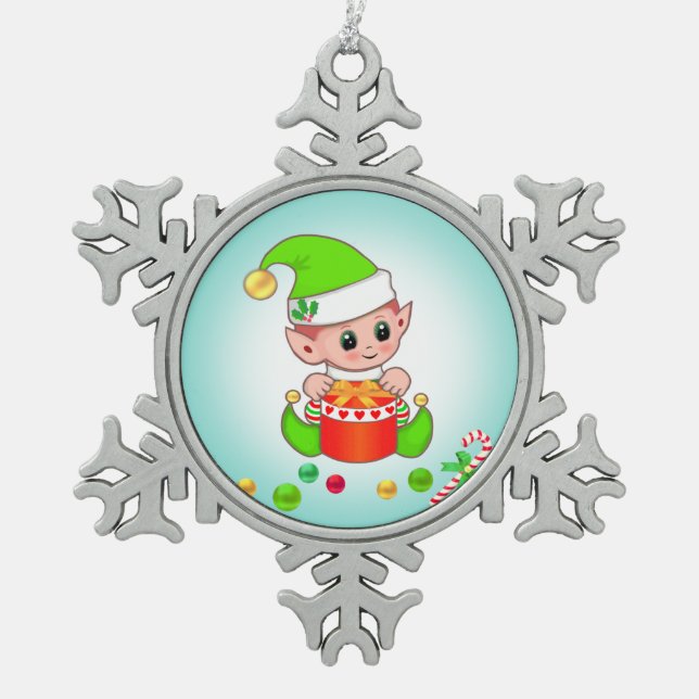 Christmas Elf, Candy Cane & Confetti on Teal Blue Snowflake Pewter Christmas Ornament (Front)