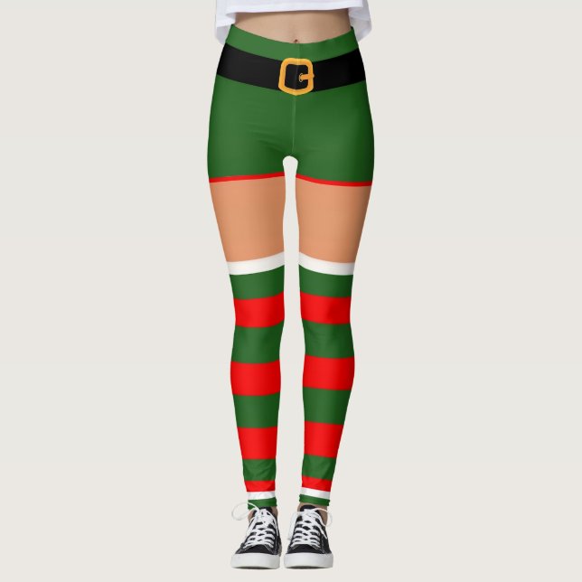 Christmas Elf Costume Red Green Striped  Leggings (Front)