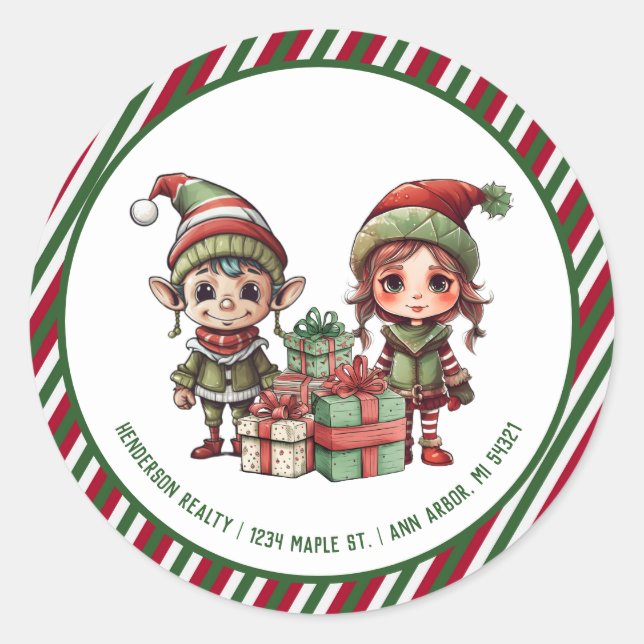 Christmas Elf Custom Holiday Return Address Classic Round Sticker (Front)