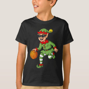 Christmas Elf Dribbling A Basketball Fun Boys Kids T-Shirt