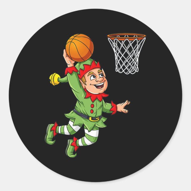 Christmas Elf Dunking A Basketball Fun Boys Kids X Classic Round Sticker (Front)