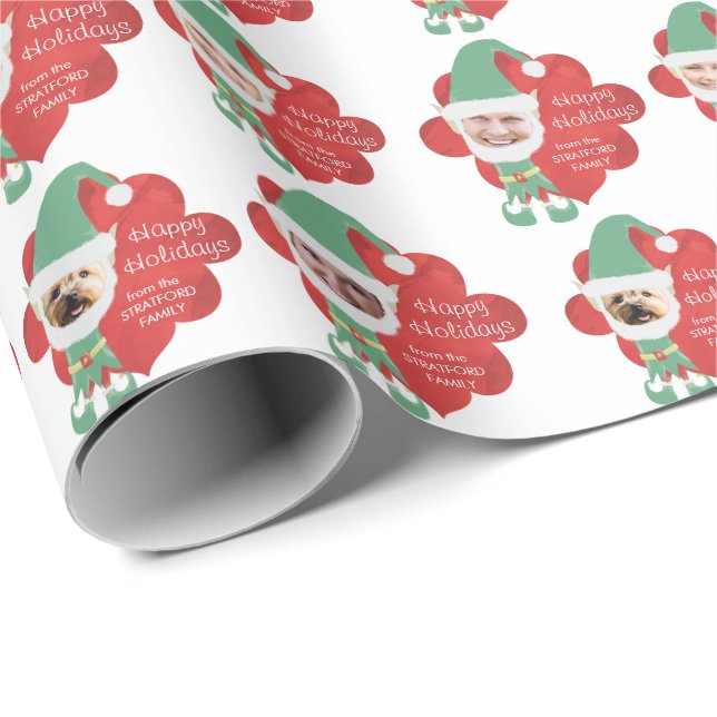 Christmas Elf Family 4 Photo Personalized Greeting Wrapping Paper (Roll Corner)