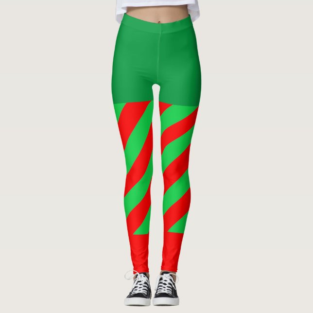 Christmas Elf Green Red Diagonal Stripe Leggings (Front)