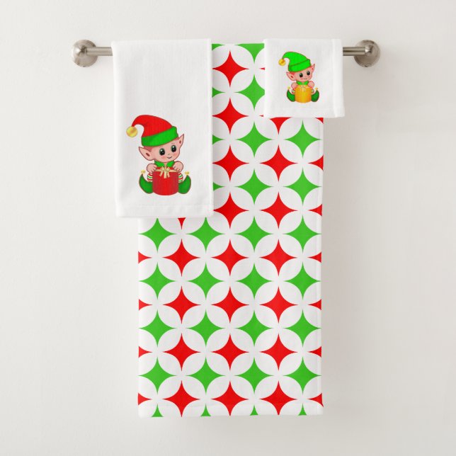 Christmas Elf & Green Red Diamond Star Pattern Bath Towel Set (Insitu)