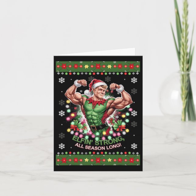Christmas Elf Gym Workout Elfin' Strong All Season Card (Front)