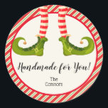 Christmas Elf Homemade Goods Holiday Baking Small Classic Round Sticker<br><div class="desc">Create small stickers to label your Christmas holiday homemade goods,  cookies,  candy,  treats,  party favours and more featuring fun elf legs with green boots,  striped tights and jingle bells with your message in chic lettering. MATCHING items in our store.</div>