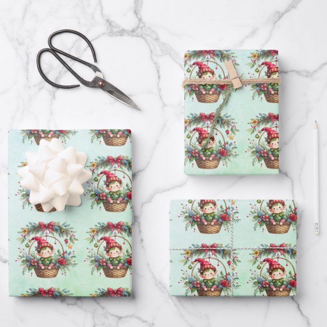Christmas Elf In a Floral Basket Wrapping Paper Sheet (Front)