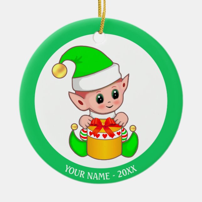 Christmas Elf in Green & Custom Name Ceramic Ornament (Front)