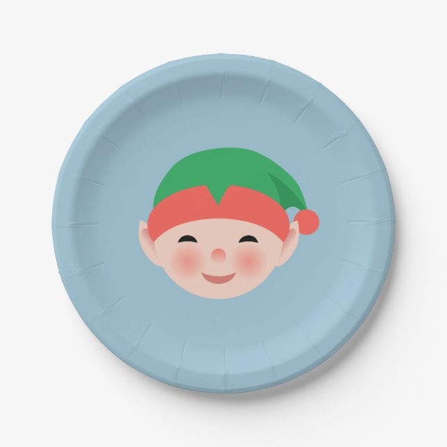 Christmas Elf in Green Hat on Light Blue Paper Plate (Front)
