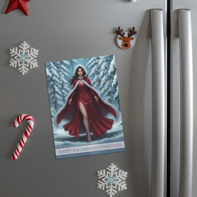 Christmas Elf in Red in Winter Forest Magnet Card (Creator Uploaded)
