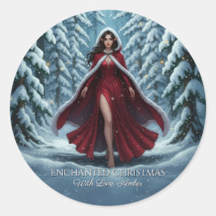 Christmas Elf in Red in Winter Forest Magnet Card Classic Round Sticker