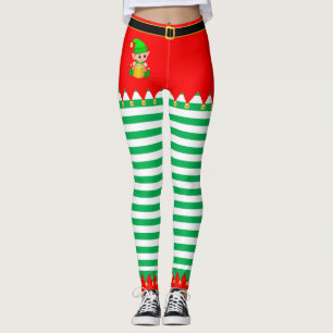 Christmas Elf & Jingle Bells on Green and White Leggings