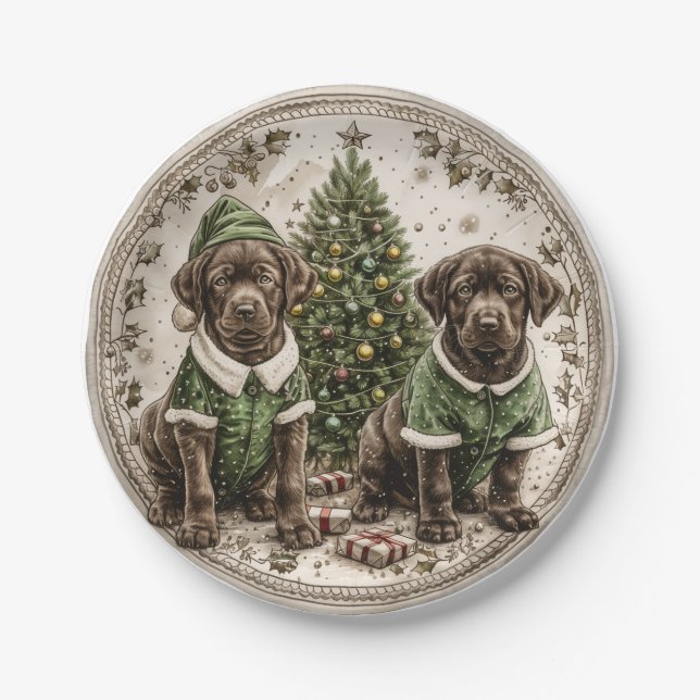 Christmas Elf Labrador Retriever Puppy Paper Plate (Front)