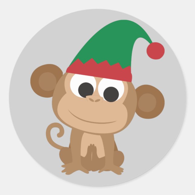 Christmas Elf Monkey Classic Round Sticker (Front)
