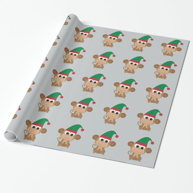 Christmas Elf Monkey Wrapping Paper (Unrolled)