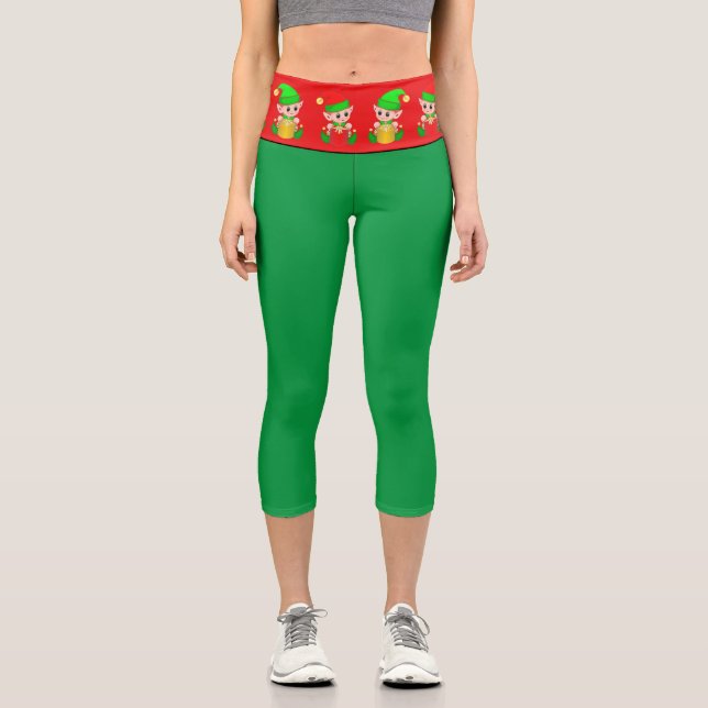 Christmas elf on green and red capri leggings (Front)