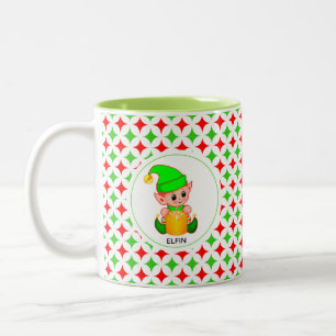Christmas Elf on Green & Red Diamond Star Pattern  Two-Tone Coffee Mug