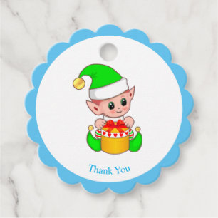 Christmas elf on light blue and white Thank You Favour Tags