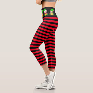 Christmas elf on red and black striped capri leggings