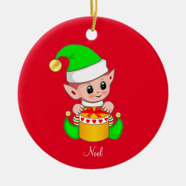 Christmas Elf on Red Ceramic Ornament (Front)