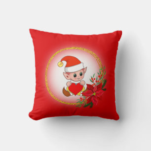 Christmas Elf on Red Throw Pillow