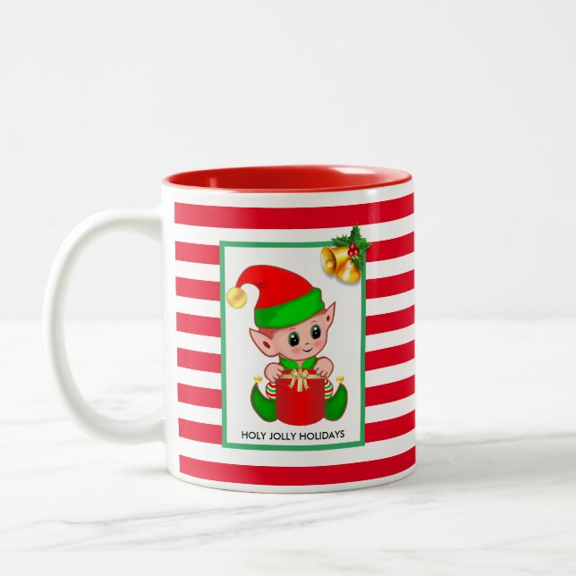 Christmas Elf on Red White Striped Two-Tone Coffee Mug (Left)