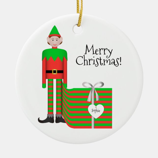 Christmas Elf Ornament - Striped Gift Package (Front)