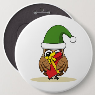 Christmas Elf Owl with Present 6 Inch Round Button