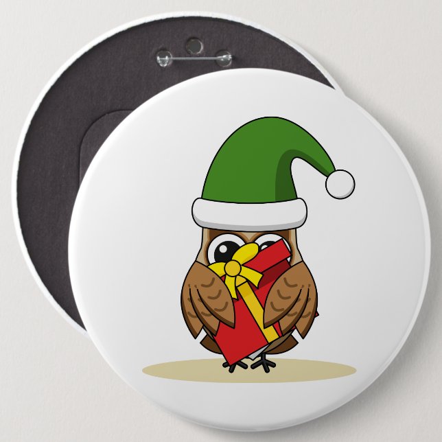 Christmas Elf Owl with Present 6 Inch Round Button (Front & Back)